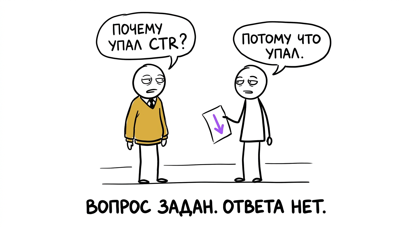 Диалог двух фигур: руководитель спрашивает «почему упал CTR», маркетолог отвечает «потому что упал» — метафора отчёта без ответа на вопрос, который реально волнует бизнес