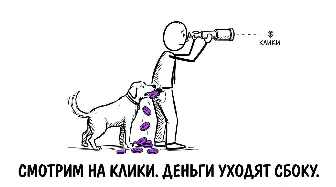 Маркетолог смотрит в подзорную трубу на далёкую точку «клики», пока собака грызёт ему карман и деньги с надписью «сделки» высыпаются незамеченными — метафора анализа кликов вместо реальных продаж