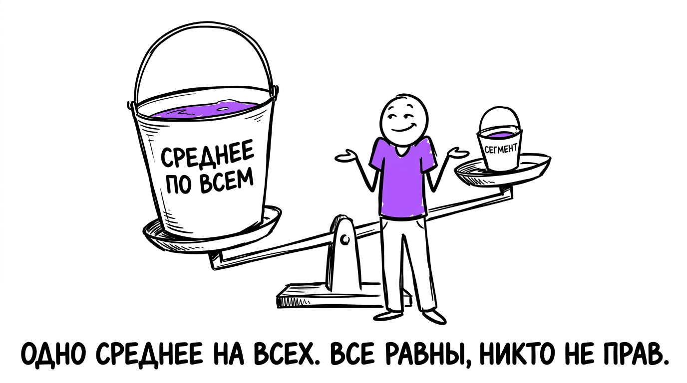 Весы с одним огромным ведром «среднее по всем» и одним крошечным ведром «сегмент», перевешивающим влево, но человек пожимает плечами, будто они равны — метафора ошибки, когда среднее по всем кампаниям прячет реальную разницу между сегментами