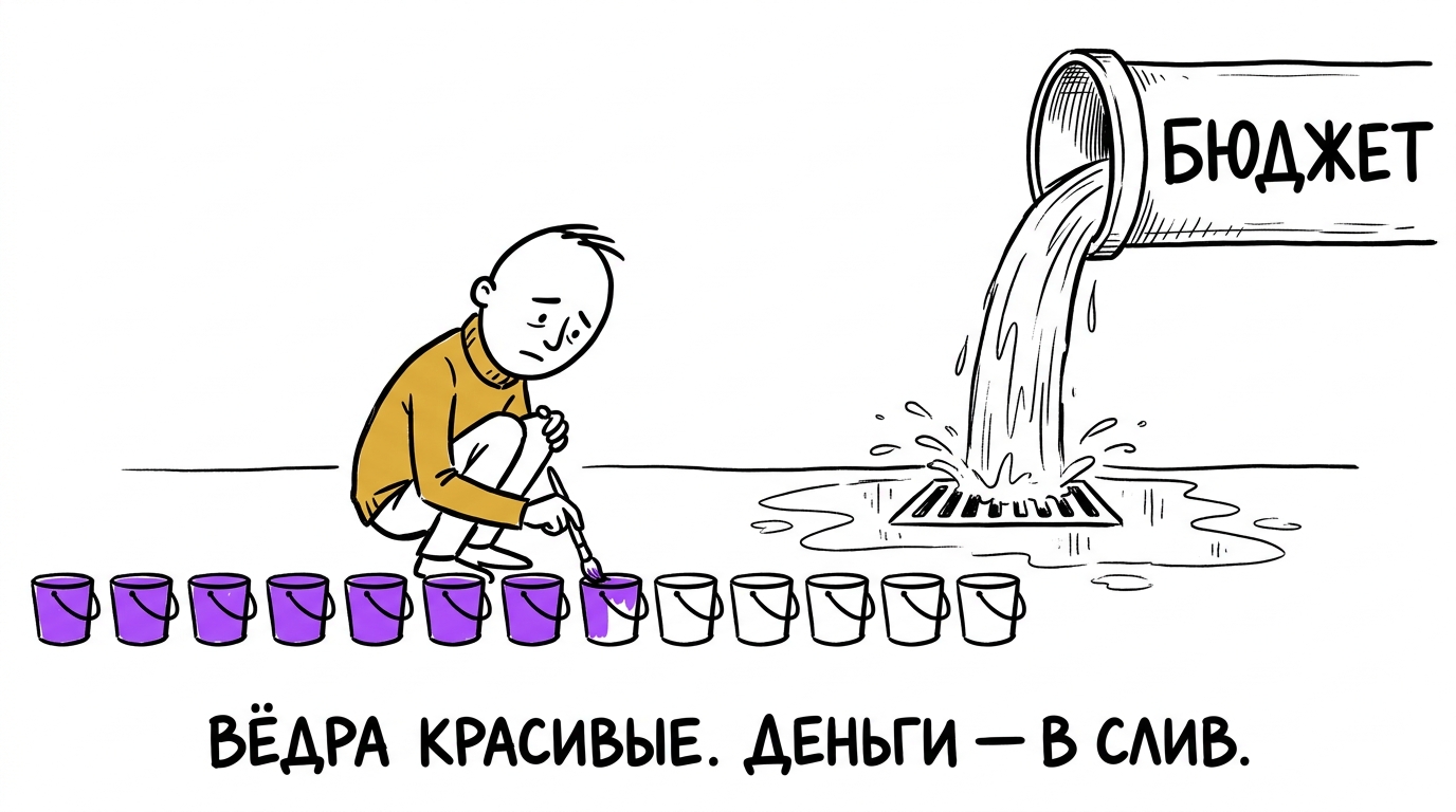 Маркетолог аккуратно красит вёдра фиолетовым, пока труба с надписью «бюджет» льёт деньги прямо в сливное отверстие на полу — метафора красивого отчёта вместо реальной аналитики рекламных кампаний