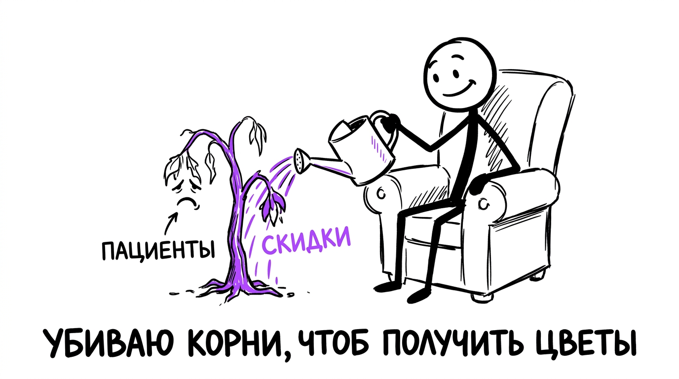 Владелец клиники поливает дерево-пациентов скидками — метафора уничтожения лояльности дешёвым первичным приёмом