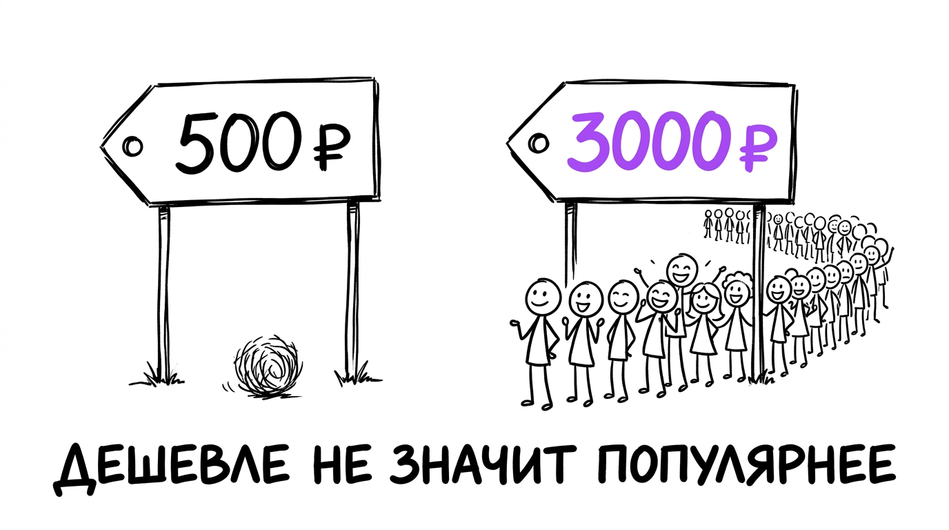 Два ценника 500р и 3000р — у дорогого очередь, у дешёвого никого. Цена первичного приёма маркетинг.