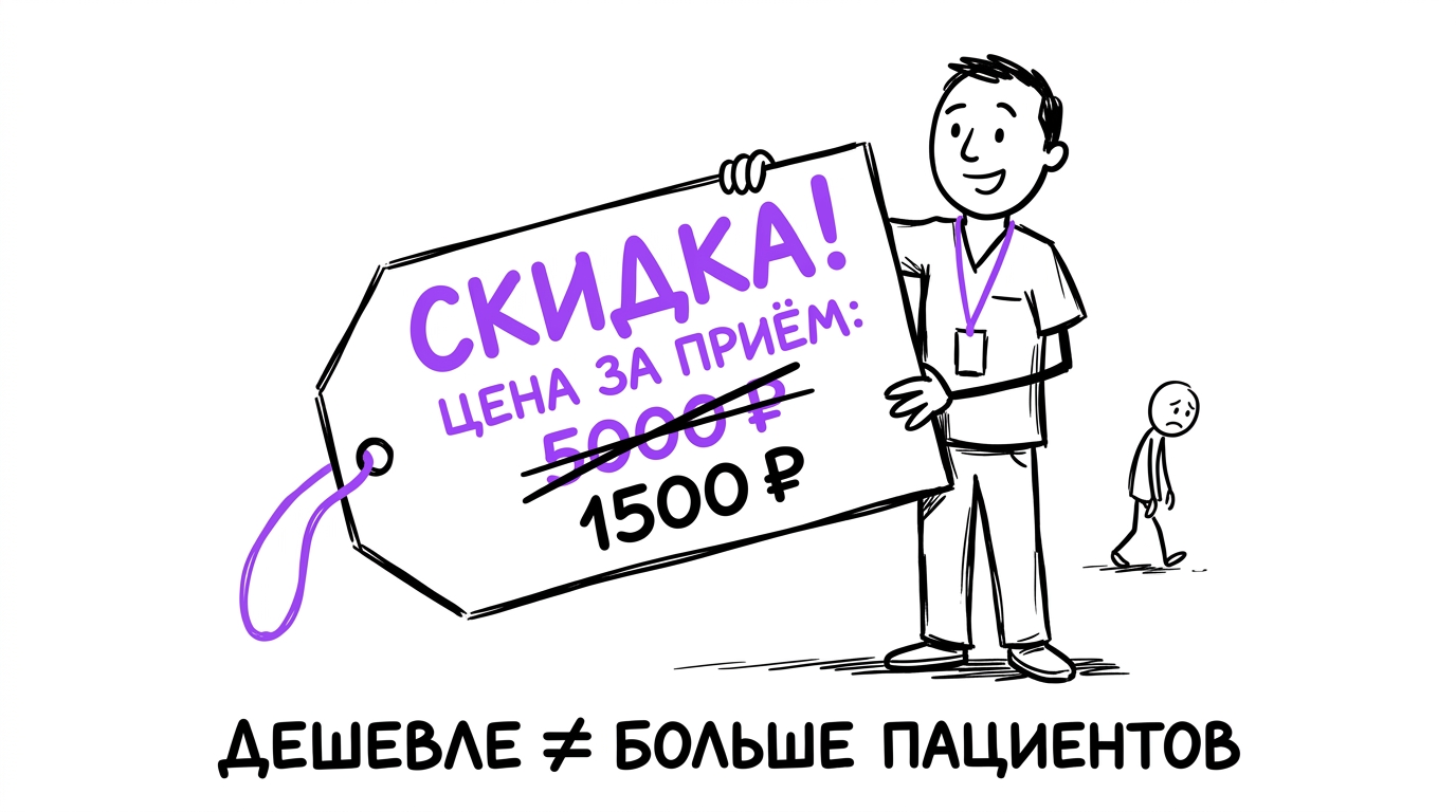 Администратор клиники стоит с ценником со скидкой — иллюстрация к теме цена первичного приёма маркетинг