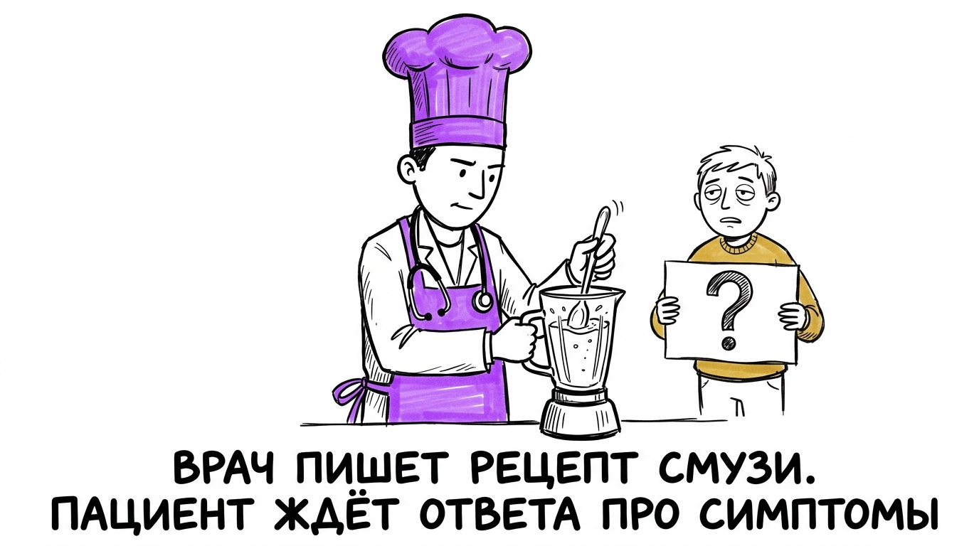Врач в костюме шеф-повара пишет рецепт смузи вместо статьи про симптомы — контент-маркетинг медицина мимо цели