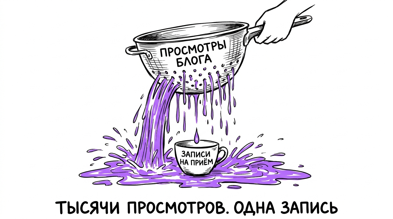 Дуршлаг с надписью 'просмотры блога' — вода утекает, ни капли не попадает в стакан 'реальные записи на приём'