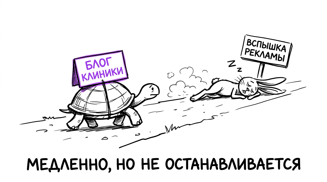 Черепаха с табличкой 'блог клиники' медленно, но верно обгоняет зайца с табличкой 'разовая вспышка рекламы' — контент-маркетинг как долгая игра