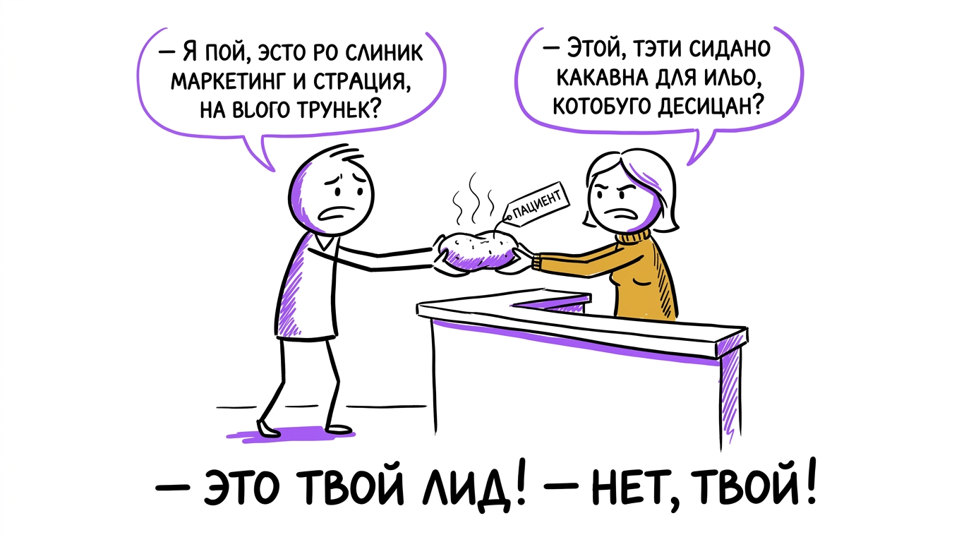 Отдел маркетинга и регистратура медицинской клиники передают друг другу лида в CRM как горячую картошку