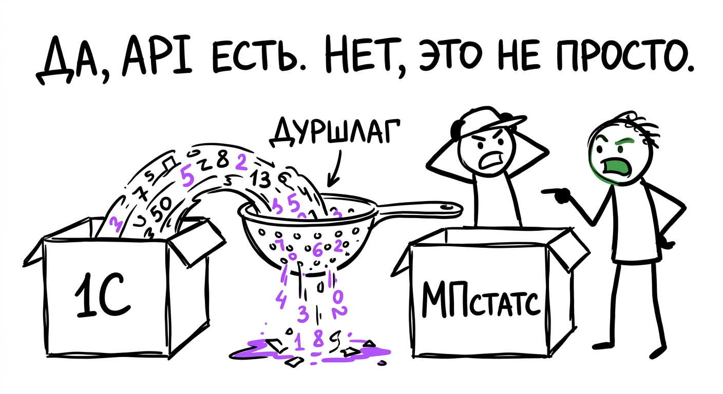 1С и МПстатс соединены дуршлагом — данные теряются при ручном сведении