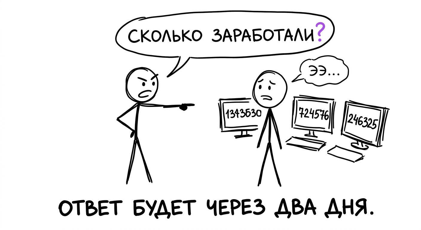 Директор спрашивает о прибыли — сотрудник смотрит в три разных экрана