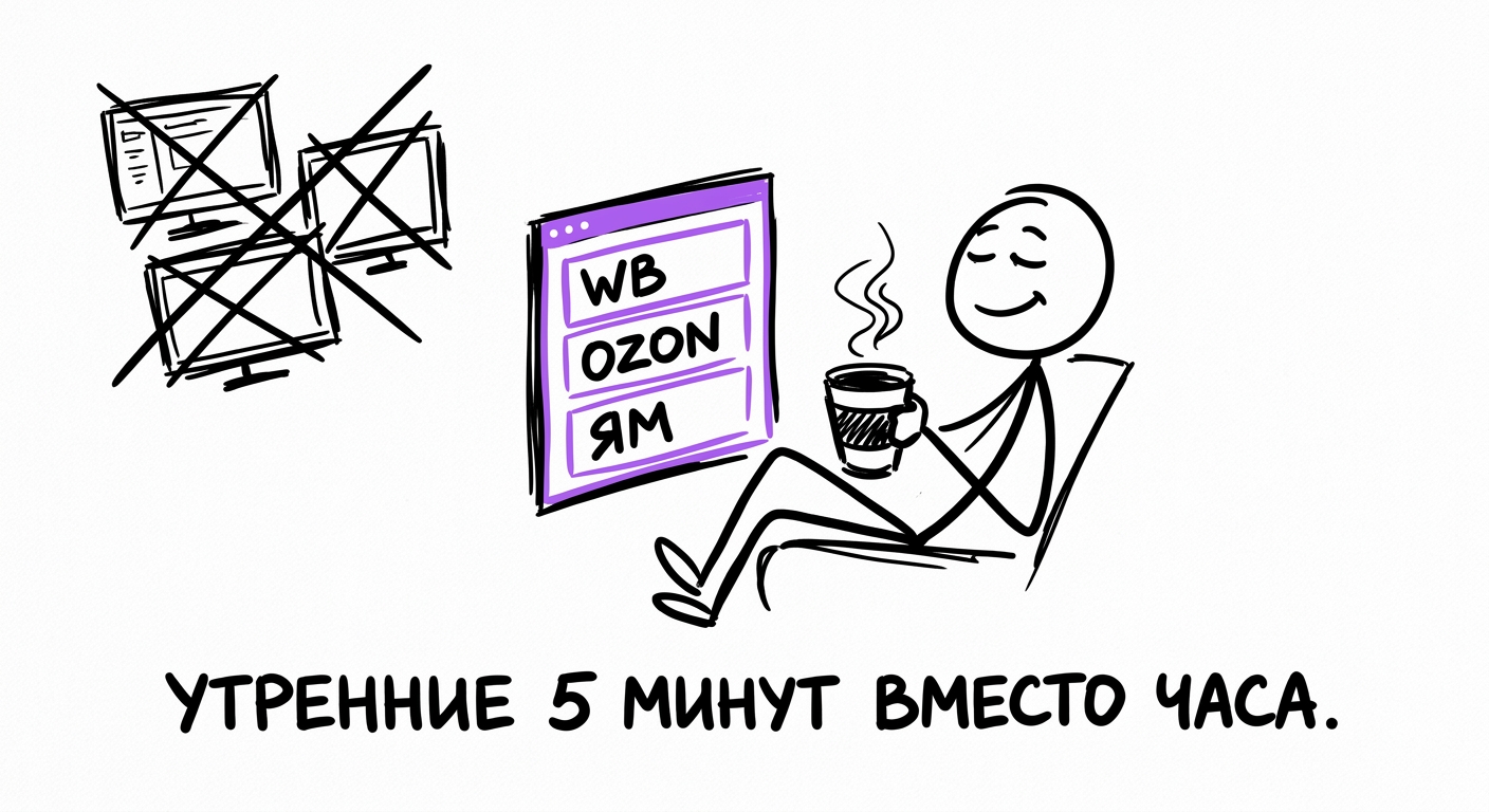 Операционный директор спокойно читает один экран с данными по всем маркетплейсам