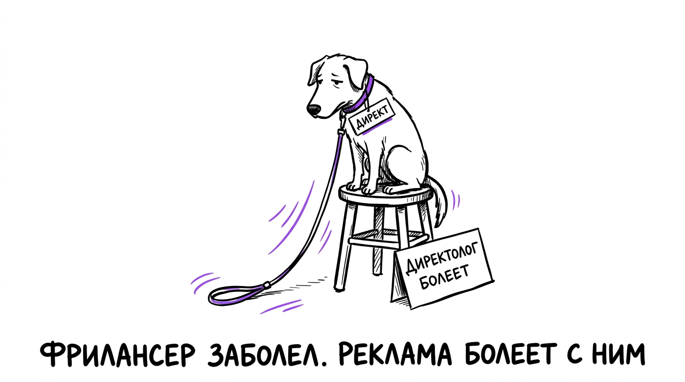 Собака с биркой «Директ» сидит одна на привязи к пустому стулу, поводок свисает без движения, рядом табличка «Директолог болеет» — метафора остановки рекламы при болезни или уходе фрилансера