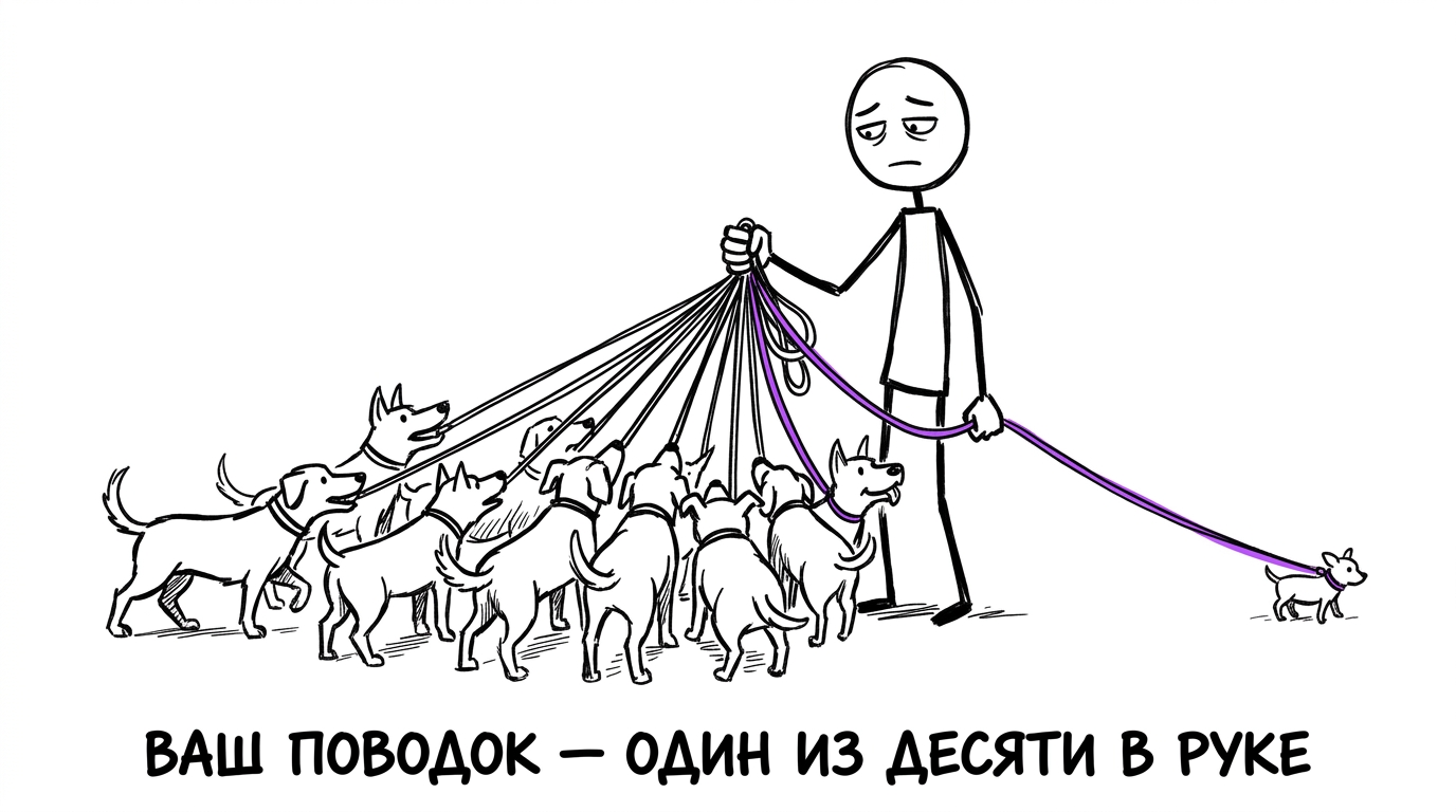 Усталый человек держит в одной руке десять поводков, девять собак рядом и активны, одна маленькая собака на краю почти незаметна с провисшим поводком — метафора клиента, которому в агентстве достаётся меньше всего внимания
