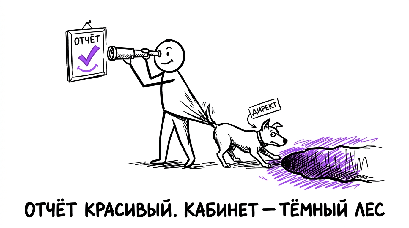 Человек смотрит в подзорную трубу на красивую рамку с надписью «Отчёт», пока собака с биркой «Директ» незаметно тащит его за собой в яму позади — метафора доверия красивому отчёту вместо проверки реального рекламного кабинета