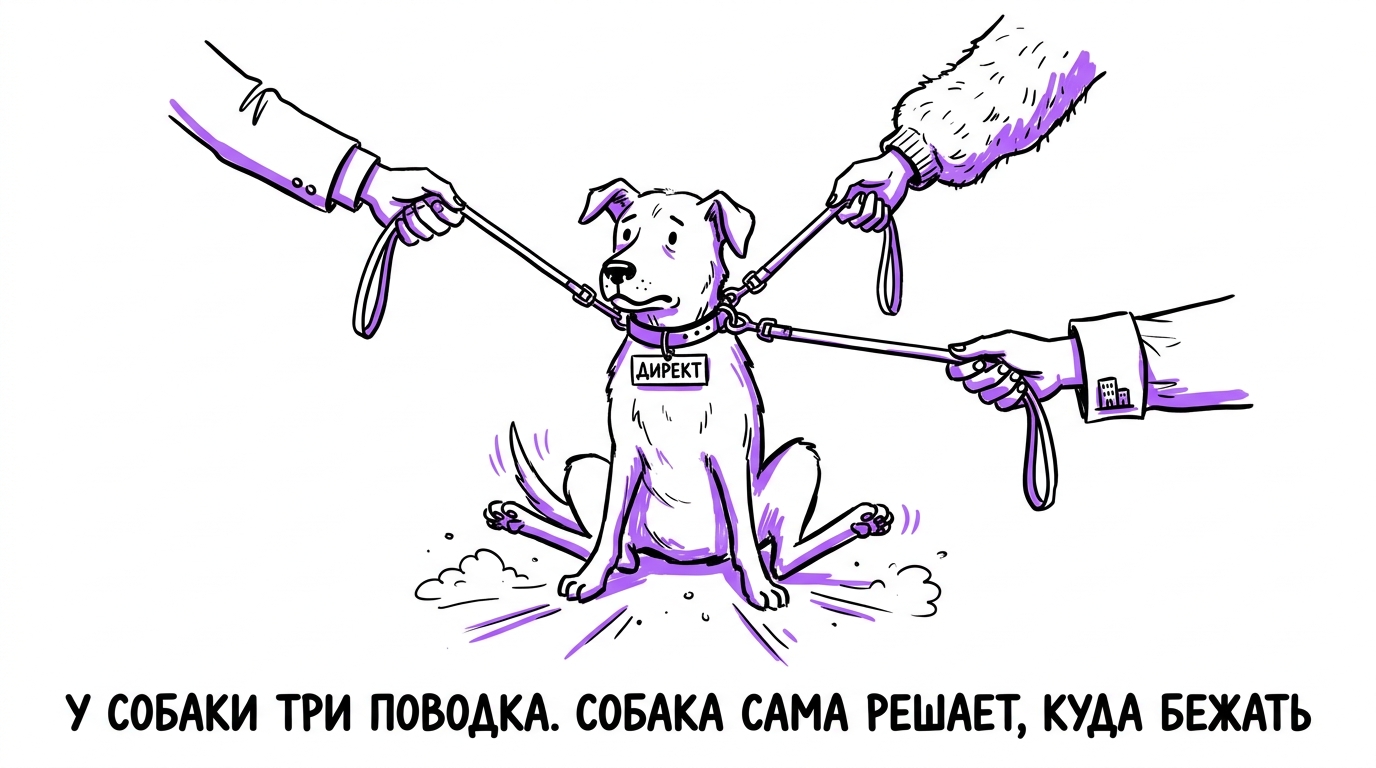 Собака с биркой «Директ» на ошейнике, три руки из разных рукавов тянут её в разные стороны тремя поводками — метафора рекламного бюджета без единого реального ответственного