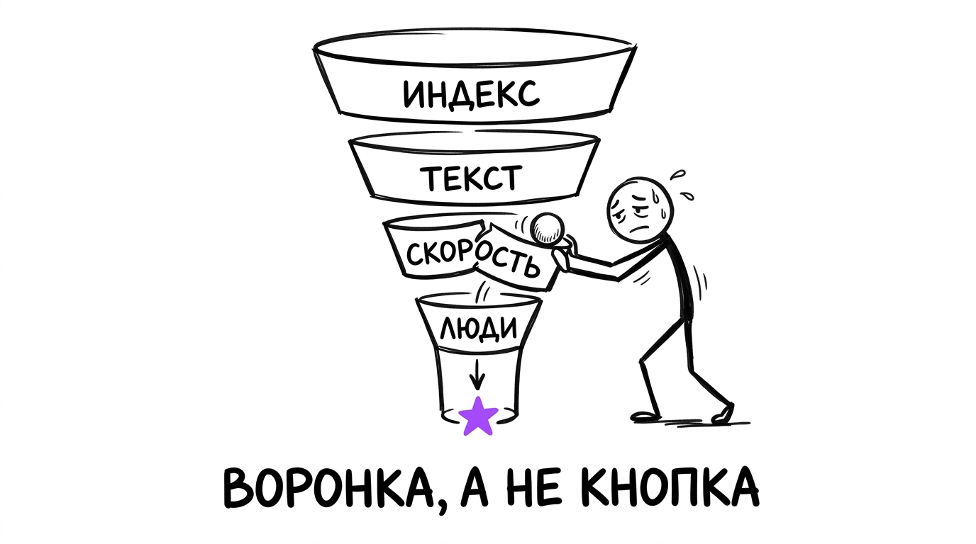 Воронка из четырёх последовательных этапов — индексация, текст, скорость, поведение людей — метафора того, что попадание в топ Яндекса это цепочка условий, а не одно действие