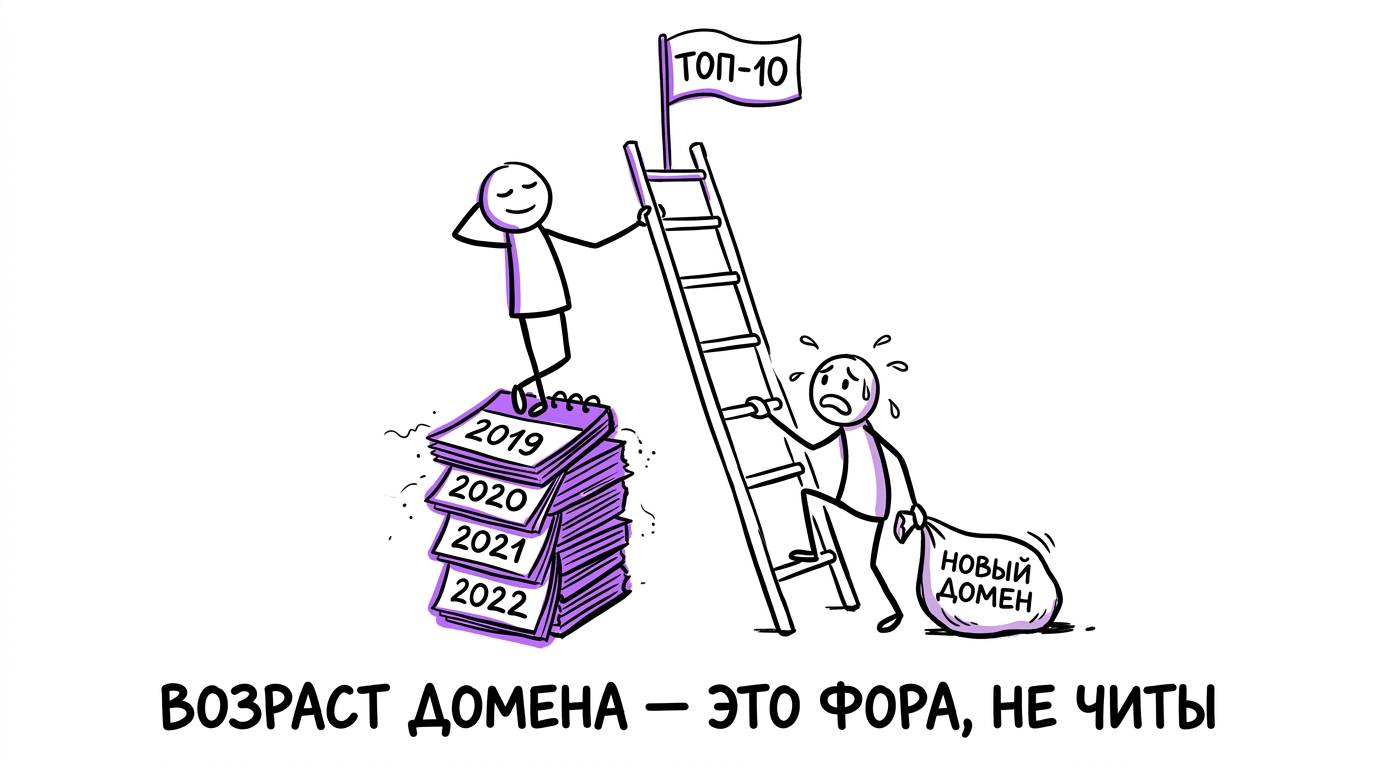 Два персонажа карабкаются по лестнице к флагу «ТОП-10»: один стоит на стопке старых календарей и почти не старается, второй тащит тяжёлый мешок «новый домен» и сильно отстаёт — метафора форы старого домена