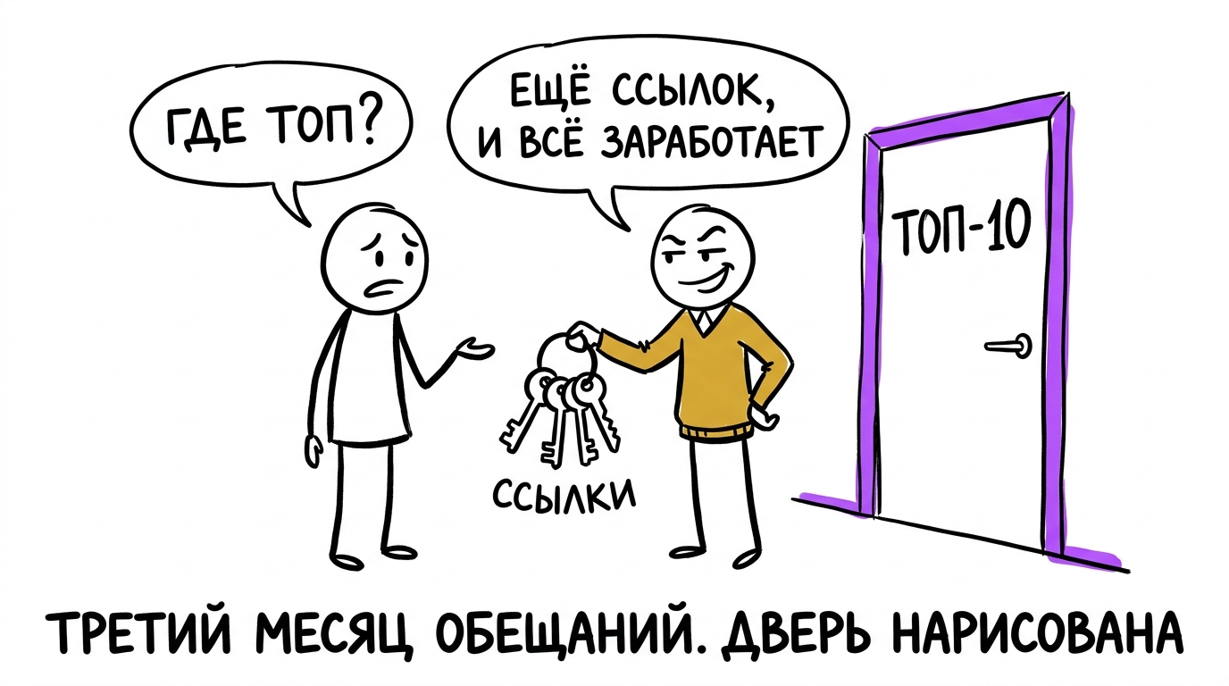 Менеджер агентства протягивает клиенту связку ключей «ссылки» на фоне нарисованной прямо на стене двери «ТОП-10» без настоящего проёма — метафора обещаний без результата
