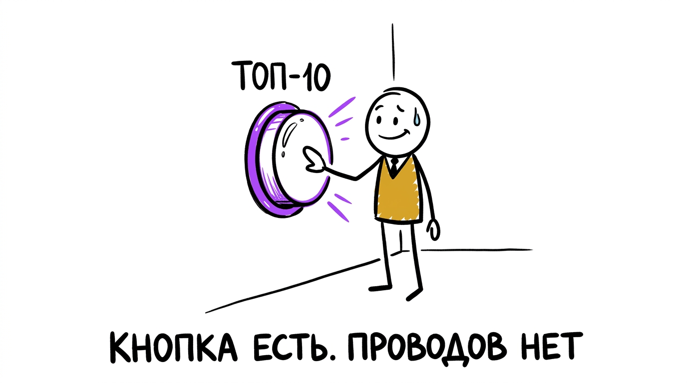 Человек нажимает на кнопку «ТОП-10» на голой стене без единого провода — метафора того, что волшебной кнопки для попадания в топ Яндекса не существует