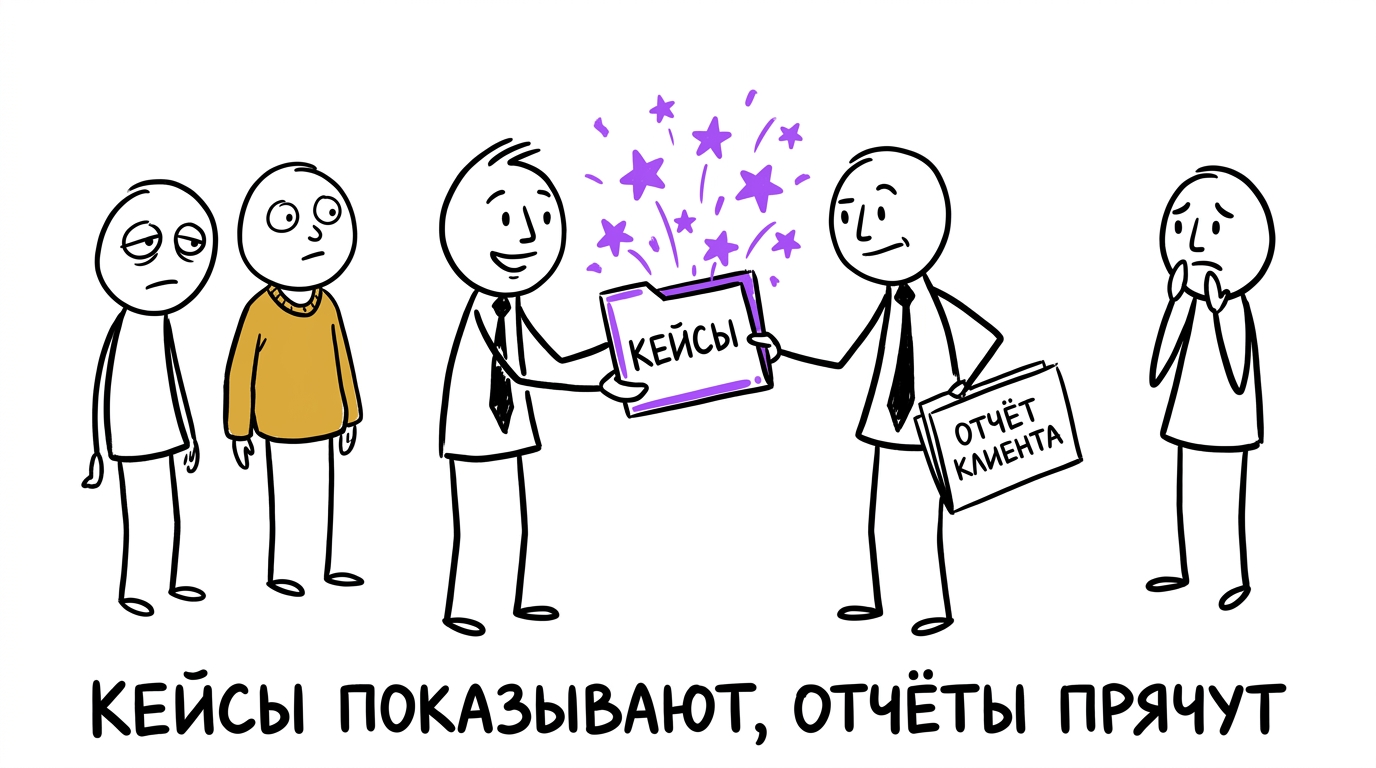 SEO-агентство показывает эффектную папку с кейсами, пряча за спиной настоящий скучный отчёт клиента — метафора разницы между витриной и реальностью