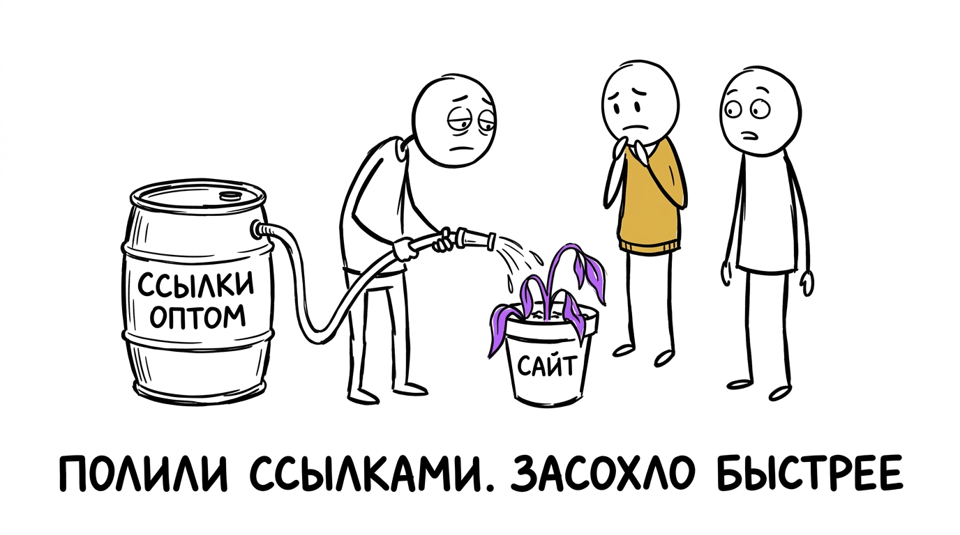 Поливают сайт из бочки с массовыми ссылками, а растение вянет ещё быстрее — метафора вреда от закупки ссылок оптом