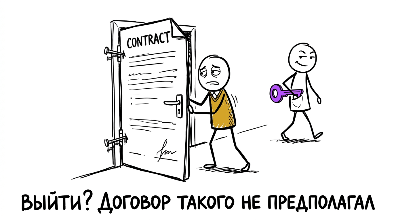 Собственник бизнеса пытается открыть дверь в форме договора, а подрядчик уносит ключ — метафора невозможности выйти из невыгодного контракта