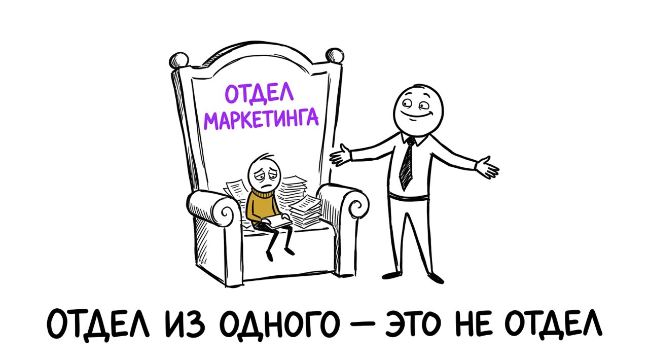 Владелец гордо представляет отдел маркетинга из одного измотанного сотрудника