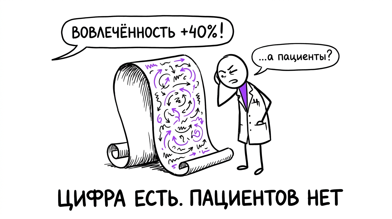 Врач с непониманием смотрит на KPI-отчёт маркетолога с ростом вовлечённости, но без пациентов