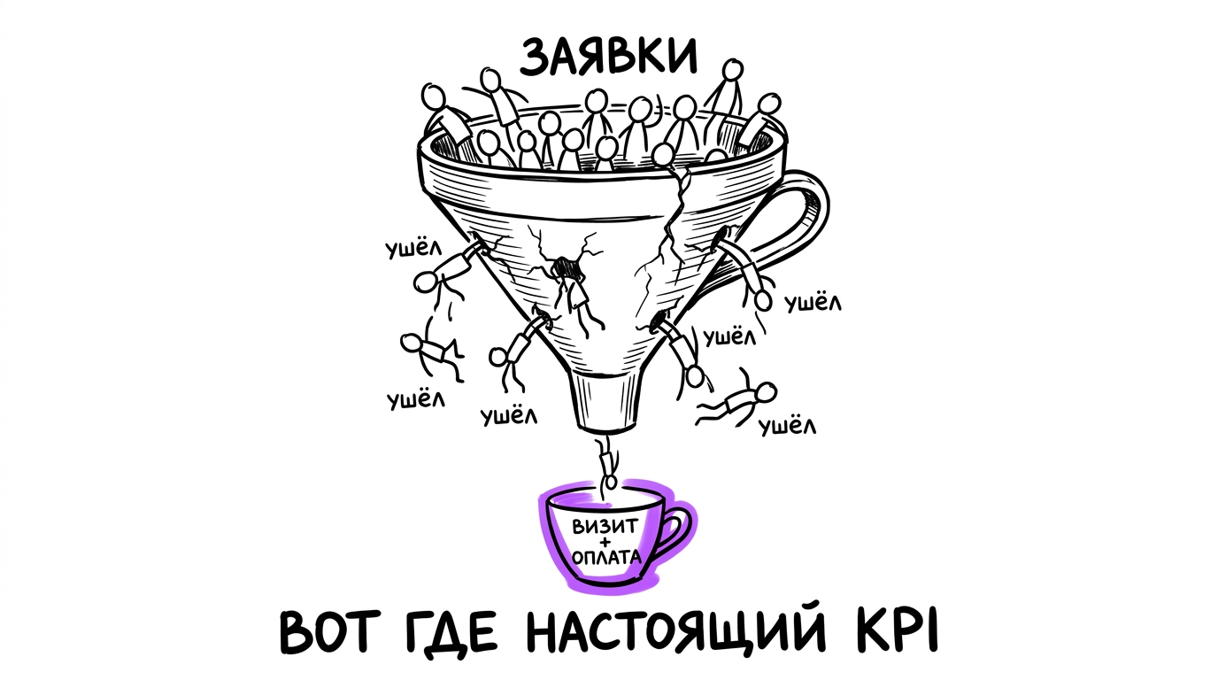 Воронка пациентов клиники: заявки уходят по пути, до визита и оплаты доходит малая часть