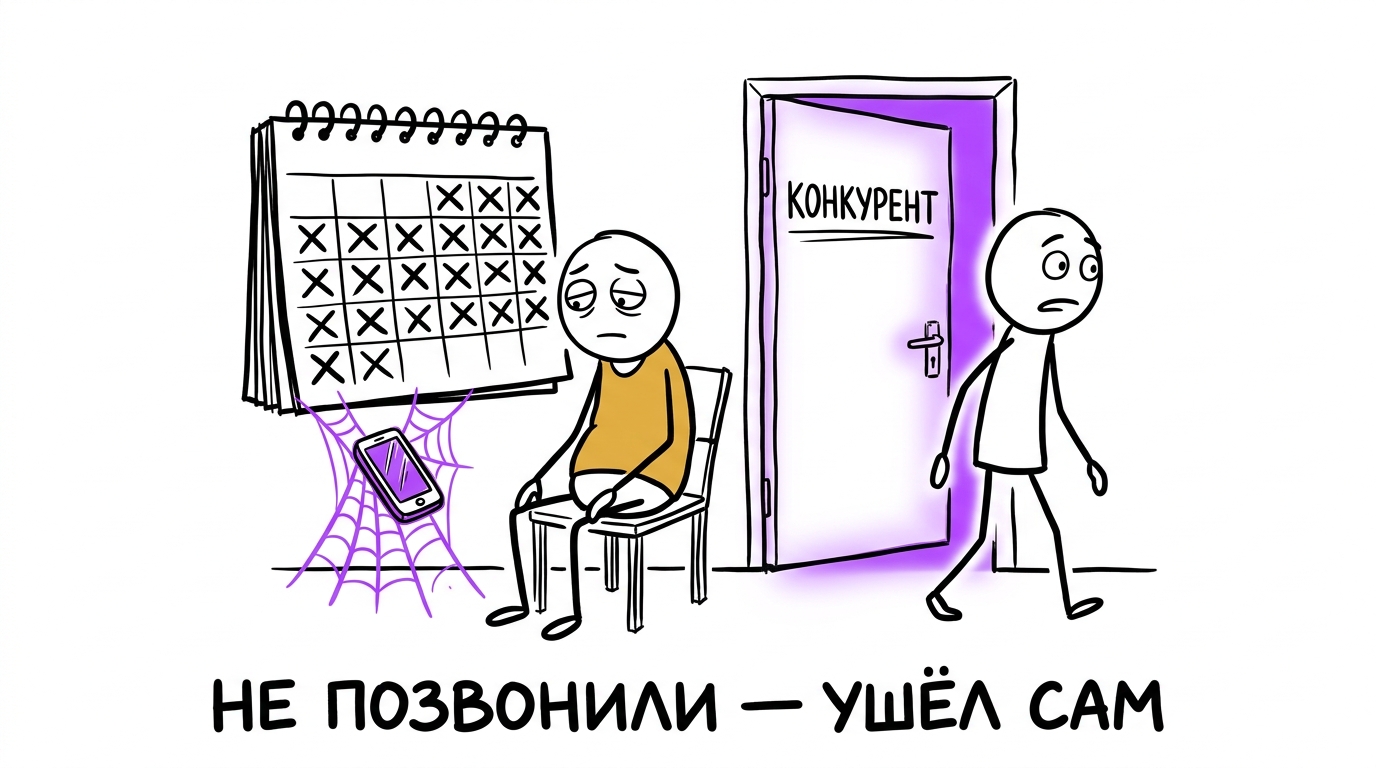 Пациент сидит с календарём, полным пропущенных отметок, рядом молчащий телефон в паутине, а вдалеке светится дверь с надписью конкурент