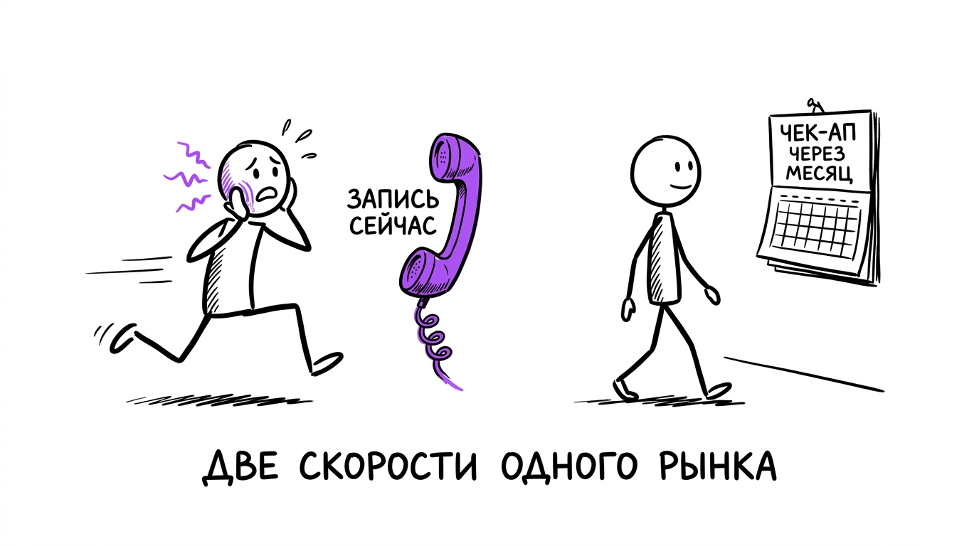 Пациент с острой болью бежит к телефону, рядом спокойный пациент идёт на плановый чек-ап — метафора двух скоростей рынка стоматологии