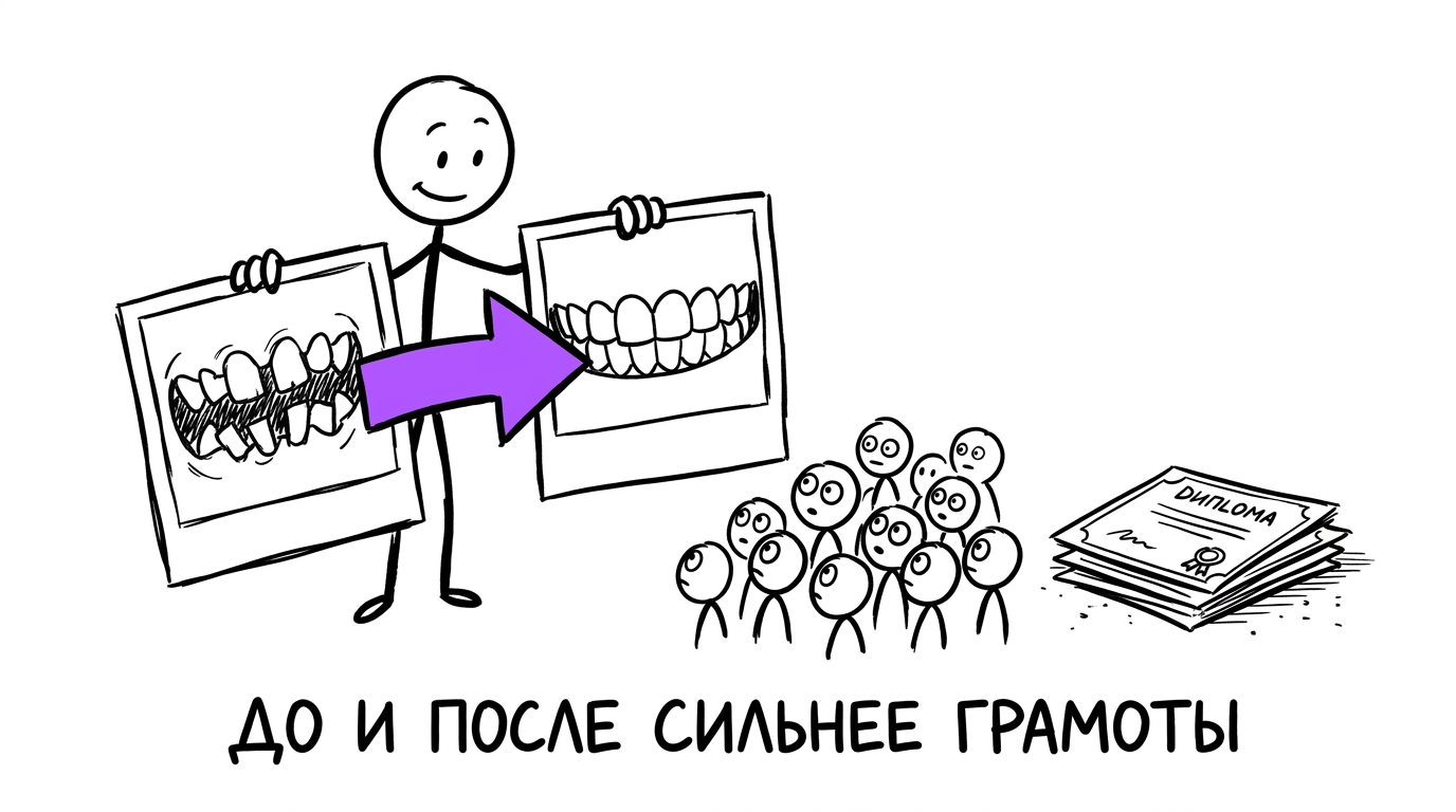 Фото до и после лечения зубов притягивает внимание толпы сильнее, чем стопка дипломов — метафора визуального доказательства