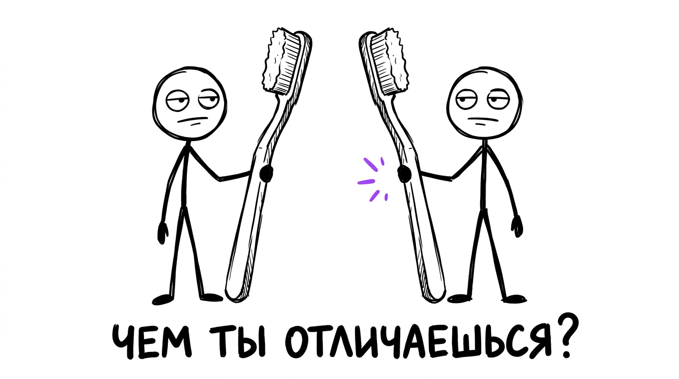 Два одинаковых плаката с зубной щёткой у двух похожих стоматологий — метафора неотличимого маркетинга
