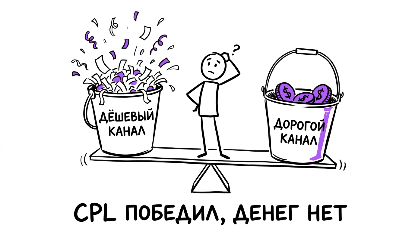 Весы с двумя вёдрами — одно переполнено лёгким конфетти дешёвого канала и взлетает вверх, другое с тяжёлыми фиолетовыми монетами дорогого канала тонет вниз — метафора того, что низкий CPL не значит выгодный канал