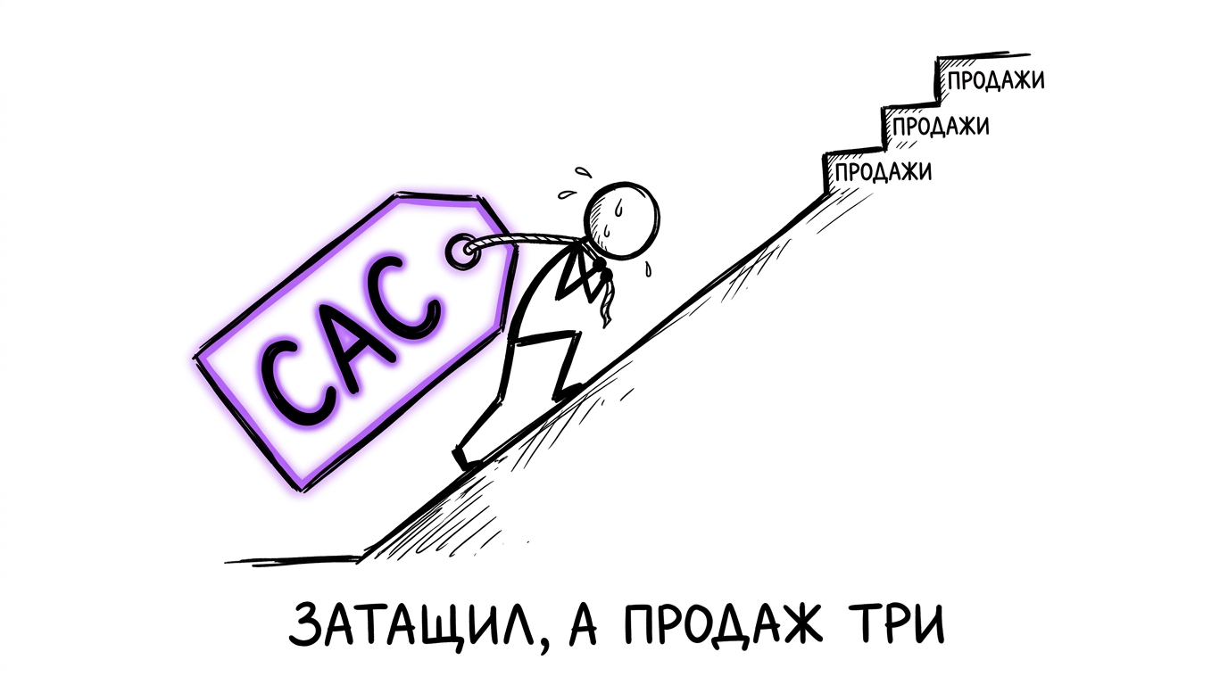 Вспотевший человек тащит вверх по лестнице огромную бирку с надписью CAC, а на лестнице видно только три ступеньки с подписью «продажи» — метафора того, что полный CAC с учётом всех расходов почти всегда больше, чем кажется