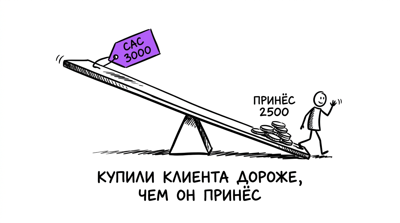 Качели, перекошенные вниз: слева в воздухе висит маленькая фиолетовая бирка CAC 3000, справа на земле — монетка с подписью «принёс 2500» и клиент машет рукой и уходит — метафора отрицательного соотношения LTV к CAC