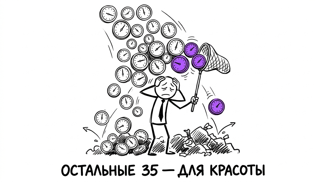 Сорок круглых датчиков-циферблатов обрушиваются на владельца бизнеса, но сачком удаётся поймать только пять фиолетовых — метафора того, что из сорока метрик сквозной аналитики реально нужны пять