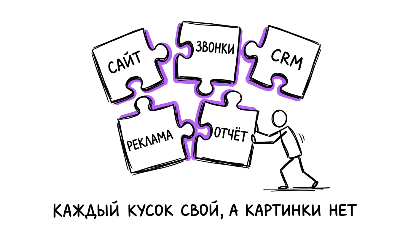 Пять частей пазла «сайт», «звонки», «CRM», «реклама», «отчёт» не соединяются друг с другом — метафора того, что настройка сквозной аналитики это несколько разных задач, а не одна