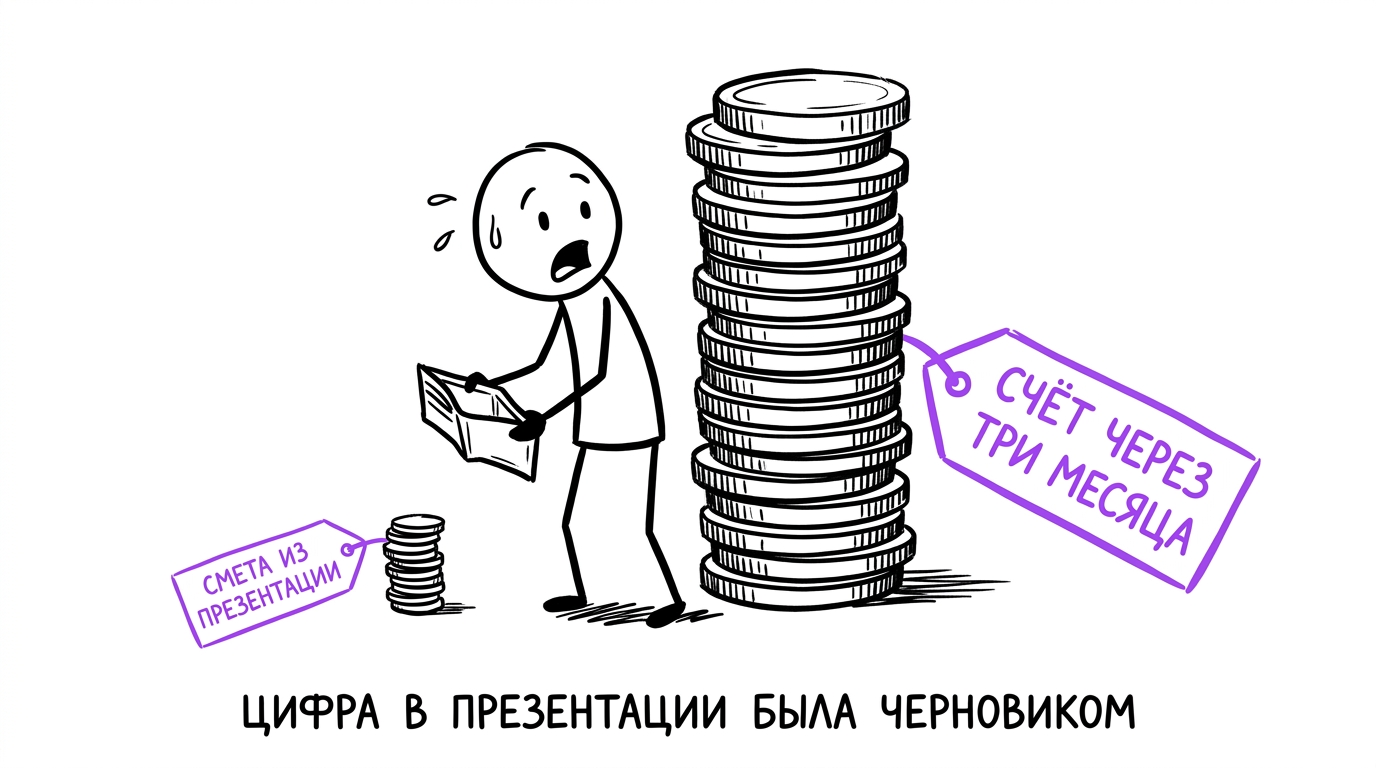 Маленькая стопка монет со сметой из презентации и огромная стопка монет со счётом через три месяца — метафора того, что реальная стоимость настройки сквозной аналитики выше первой озвученной цифры