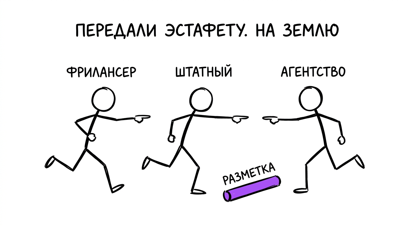 Три бегуна — фрилансер, штатный сотрудник, агентство — роняют эстафетную палочку «разметка» на землю и показывают друг на друга — метафора того, что без одного ответственного за сквозную аналитику разметка ломается на стыках