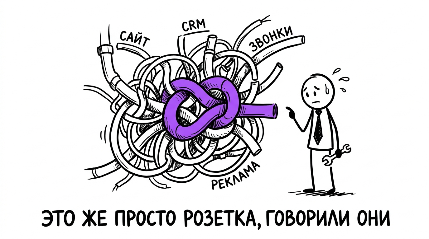 Собственник бизнеса с гаечным ключом стоит перед огромным клубком труб и проводов «сайт», «CRM», «звонки», «реклама» — метафора того, что настройка сквозной аналитики это не одна розетка
