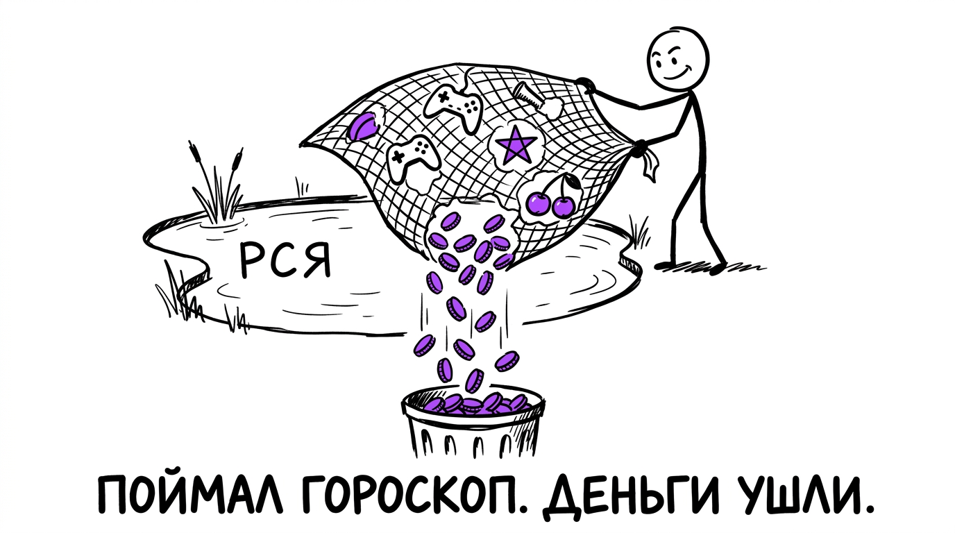 Рыбак с дырявой сетью ловит в пруду «РСЯ» мусор — игровой джойстик и значок гороскопа, пока монеты проваливаются через дыры сети в мусорное ведро — метафора нецелевых площадок РСЯ, где утекает рекламный бюджет