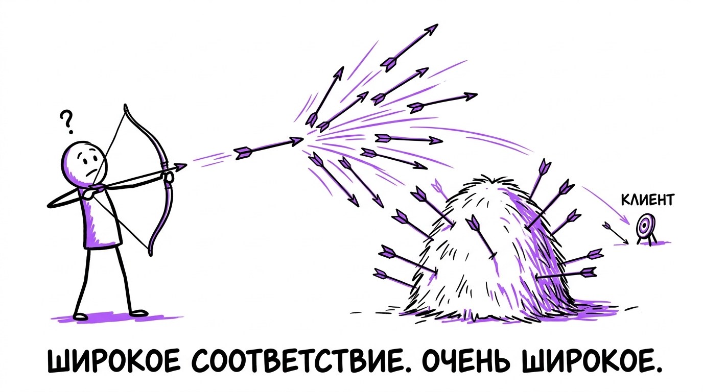 Стрелок выпускает одну стрелу в маленькую цель «клиент», а она на лету распадается на десятки стрел, летящих в стог сена — метафора того, что широкое соответствие ключевых фраз рассеивает бюджет по нецелевым запросам