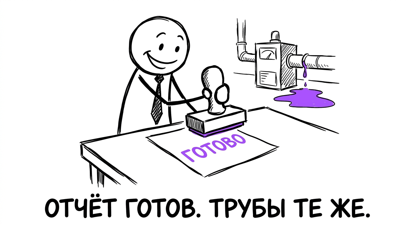 Менеджер с гордой улыбкой ставит огромную печать «ГОТОВО» на бумагу, пока на фоне та же самая труба продолжает течь без изменений — метафора отчёта об оптимизации рекламной кампании, за которым не стоит реального результата