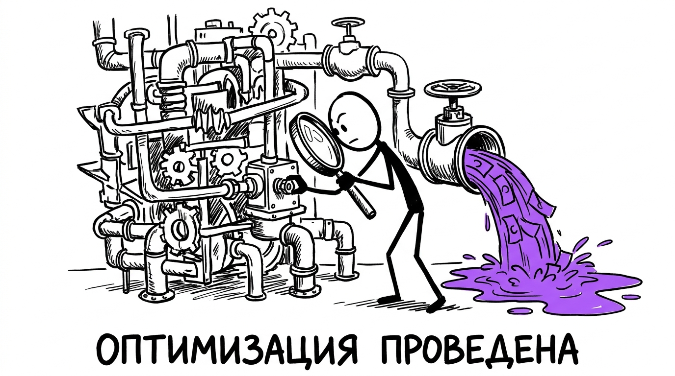 Маркетолог рассматривает в лупу одну гайку на огромной машине из труб, не замечая открытый клапан за спиной, из которого хлещут деньги — метафора того, что оптимизация рекламных кампаний часто сводится к мелкой правке, пока бюджет утекает в другом месте