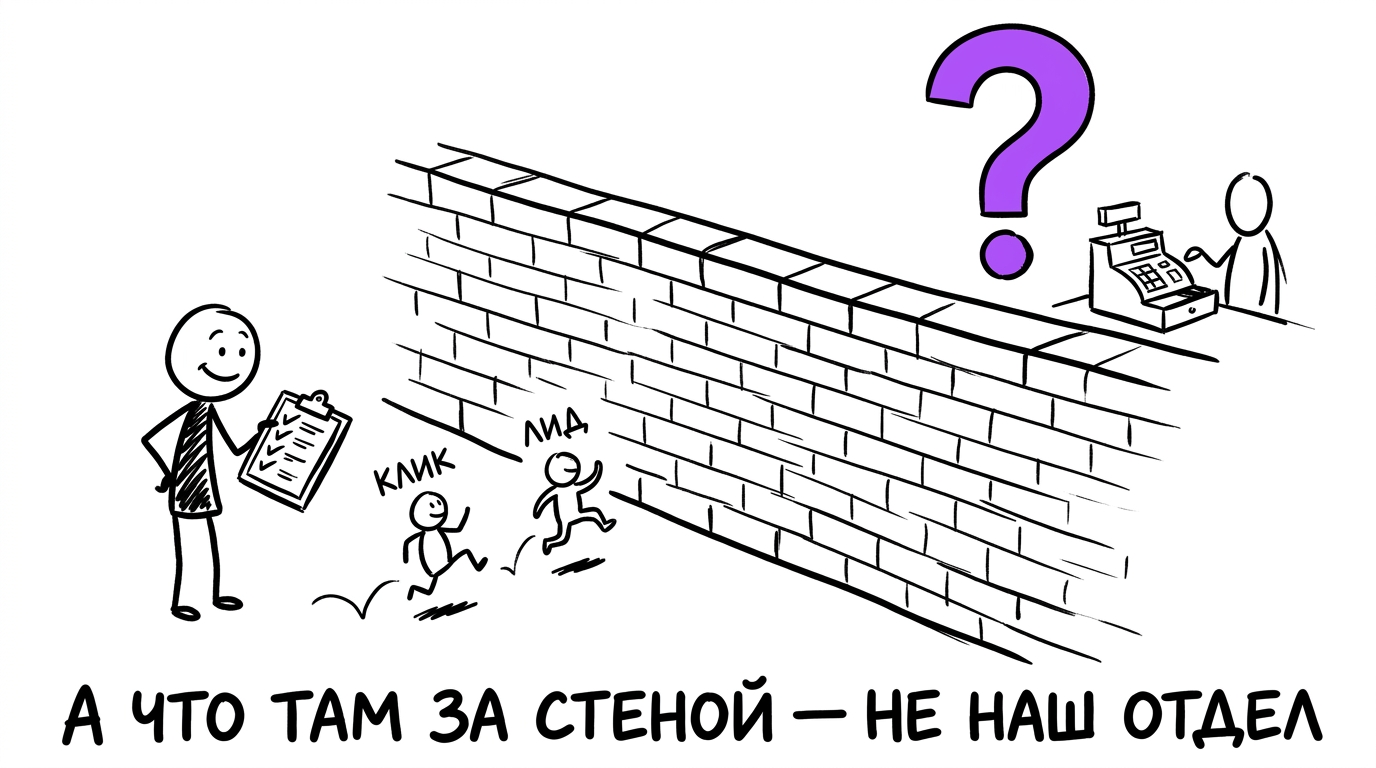 Маркетолог радостно считает клики и лиды с одной стороны стены, не видя что происходит с продажами и кассой с другой стороны — метафора того, что агентство видит только половину воронки performance-маркетинга