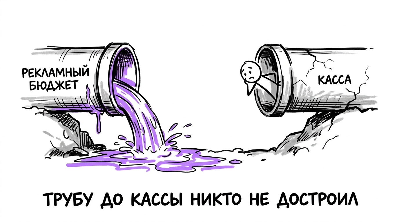 Две не соединённые друг с другом трубы — одна с рекламным бюджетом, льющимся впустую, вторая сухая труба с подписью «касса» — метафора того, что без сквозной аналитики реклама и выручка существуют отдельно друг от друга