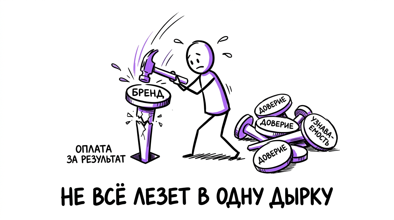 Человек с силой забивает молотком круглый колышек с надписью «бренд» в маленькую квадратную дырку с надписью «оплата за результат», колышек трескается — метафора того, что не все маркетинговые задачи можно измерить в логике performance