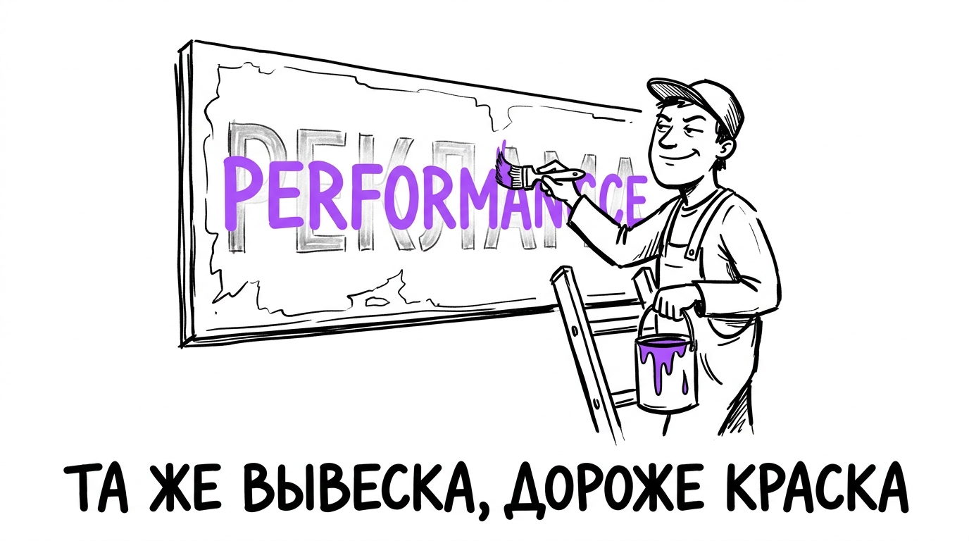 Маляр перекрашивает старую вывеску «РЕКЛАМА» в новое слово «PERFORMANCE» той же краской — метафора того, что performance-маркетинг в презентации агентства часто просто новое название старой услуги