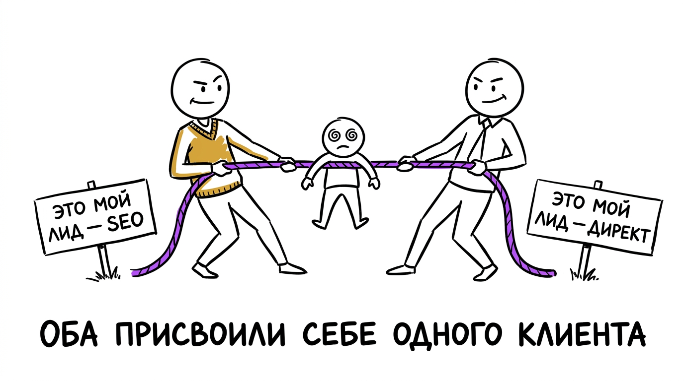 Два специалиста тянут одного клиента за руки в разные стороны с табличками «это мой лид — SEO» и «это мой лид — Директ» — метафора конфликта атрибуции между каналами