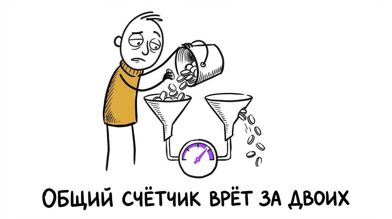 Владелец бизнеса льёт деньги из одного ведра в две воронки, но подключён только один общий счётчик, который врёт про реальную эффективность каждого канала — метафора смешанного бюджета на SEO и рекламу